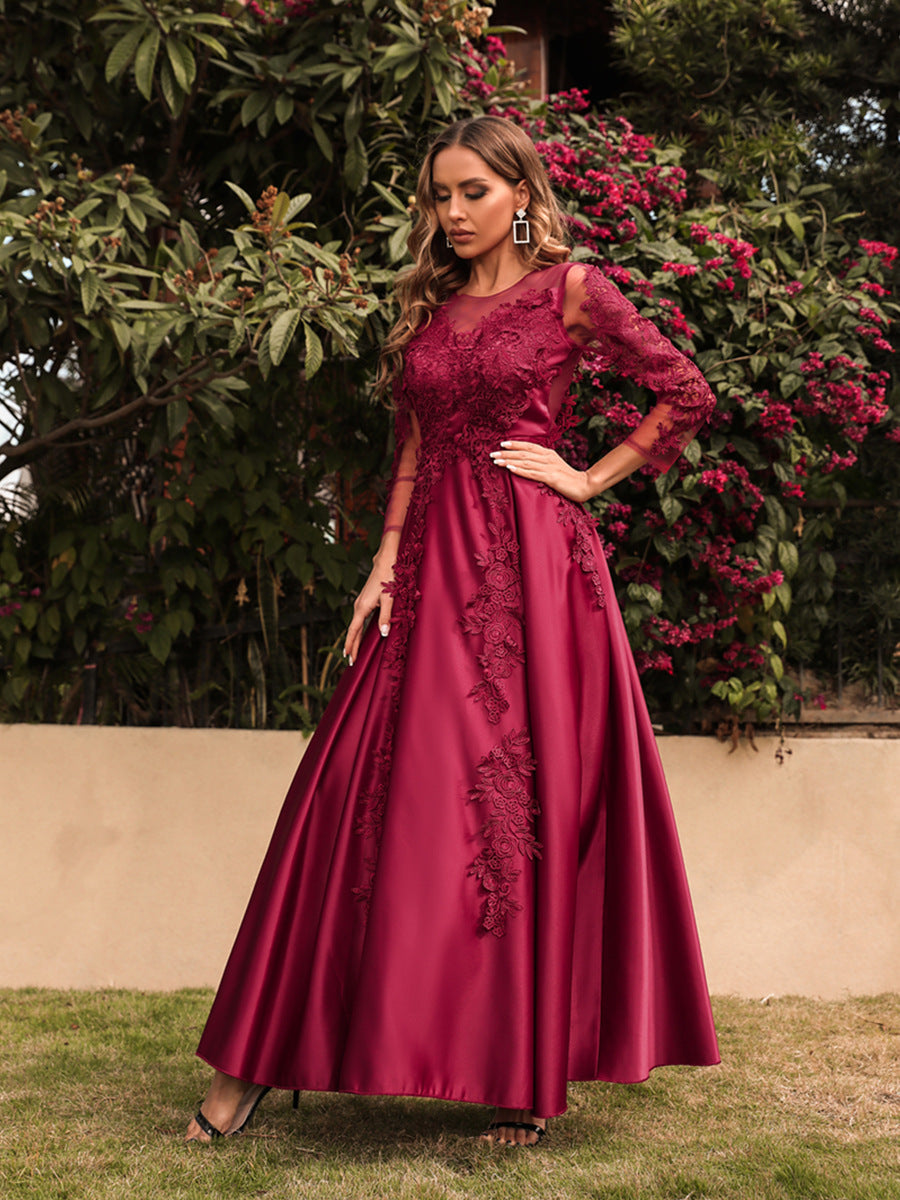 Women's Crew-Neck Lace Long-Sleeve Evening Dress