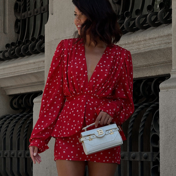 Digital Printing V Neck Long Sleeve Pleated Dress Double Layer