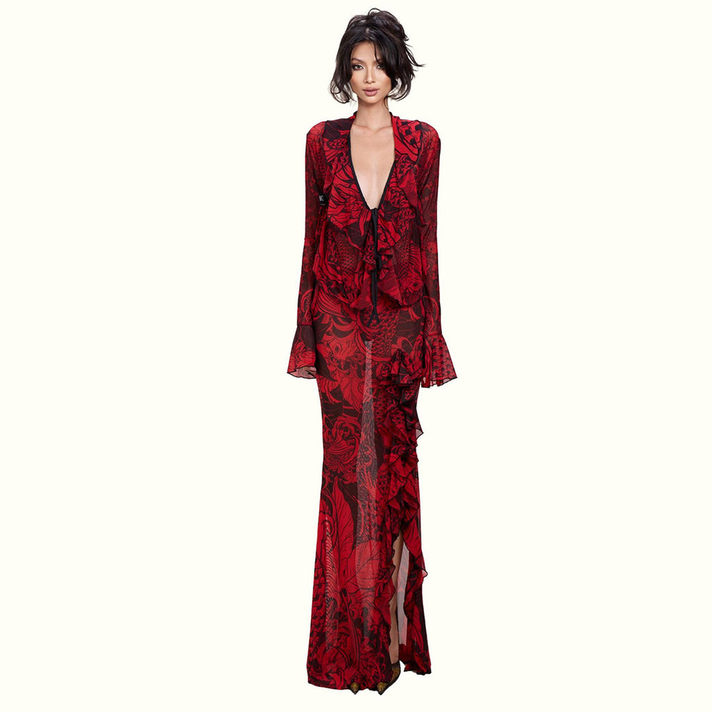 Spring Women Retro Lace Bell Sleeve Sexy Deep V Plunge neck Micro Transparent High Slit Skirt Set