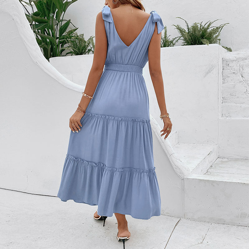 Solid V-Neck High-Waist Dress