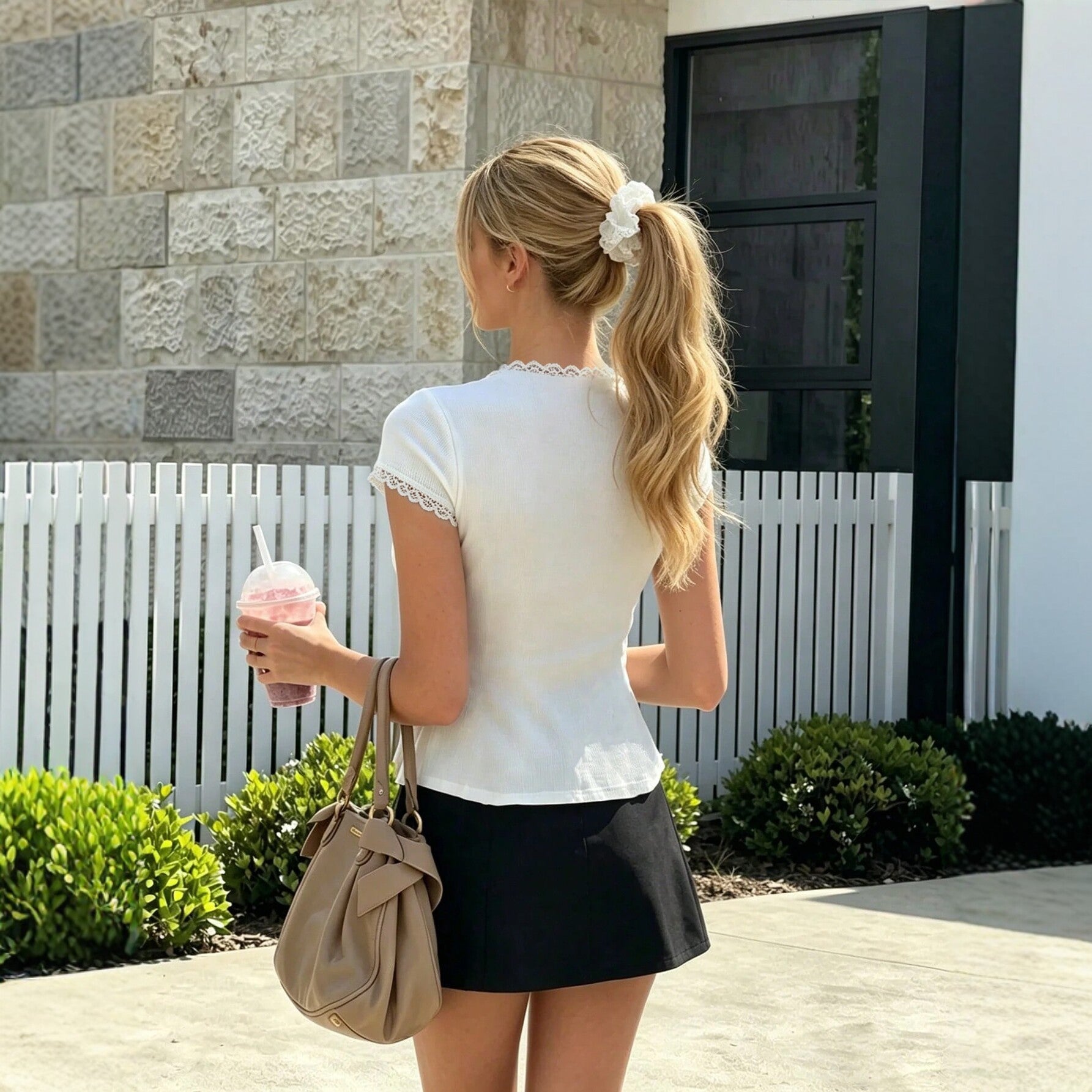 Lace Ruffled Short Sleeves Top Women Single Breasted Waist