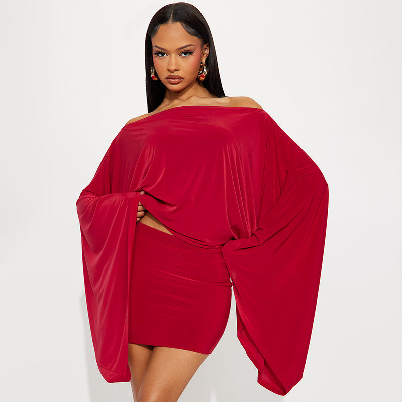 Women's Off-Shoulder Long-Sleeve Top And Skirt Two-Piece Set