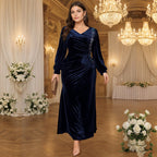 Plus Size Heavy Duty Velvet Lantern Sleeve V neck Tight Waist Fishtail Dress Dinner Light Luxury Dress