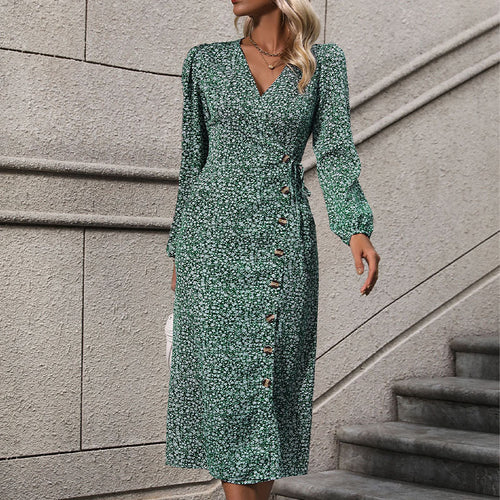 Fall Women Clothing Stomach Blanket Long Sleeve Floral Dress