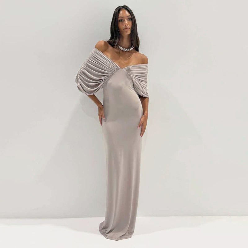 Maxi spring dress, light gray, off-shoulder draped ruched sleeves and twist bodice