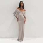 Maxi spring dress, light gray, off-shoulder draped ruched sleeves and twist bodice