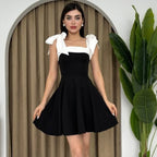 Elegant Stitching Lace-Up Square-Neck Cinched Dress