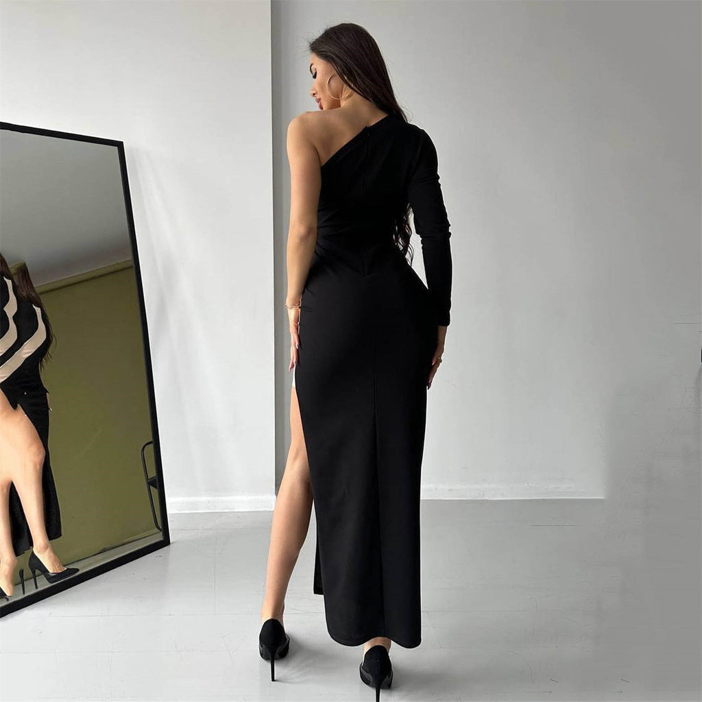 Women's One-Shoulder Mesh Split Midi Dress