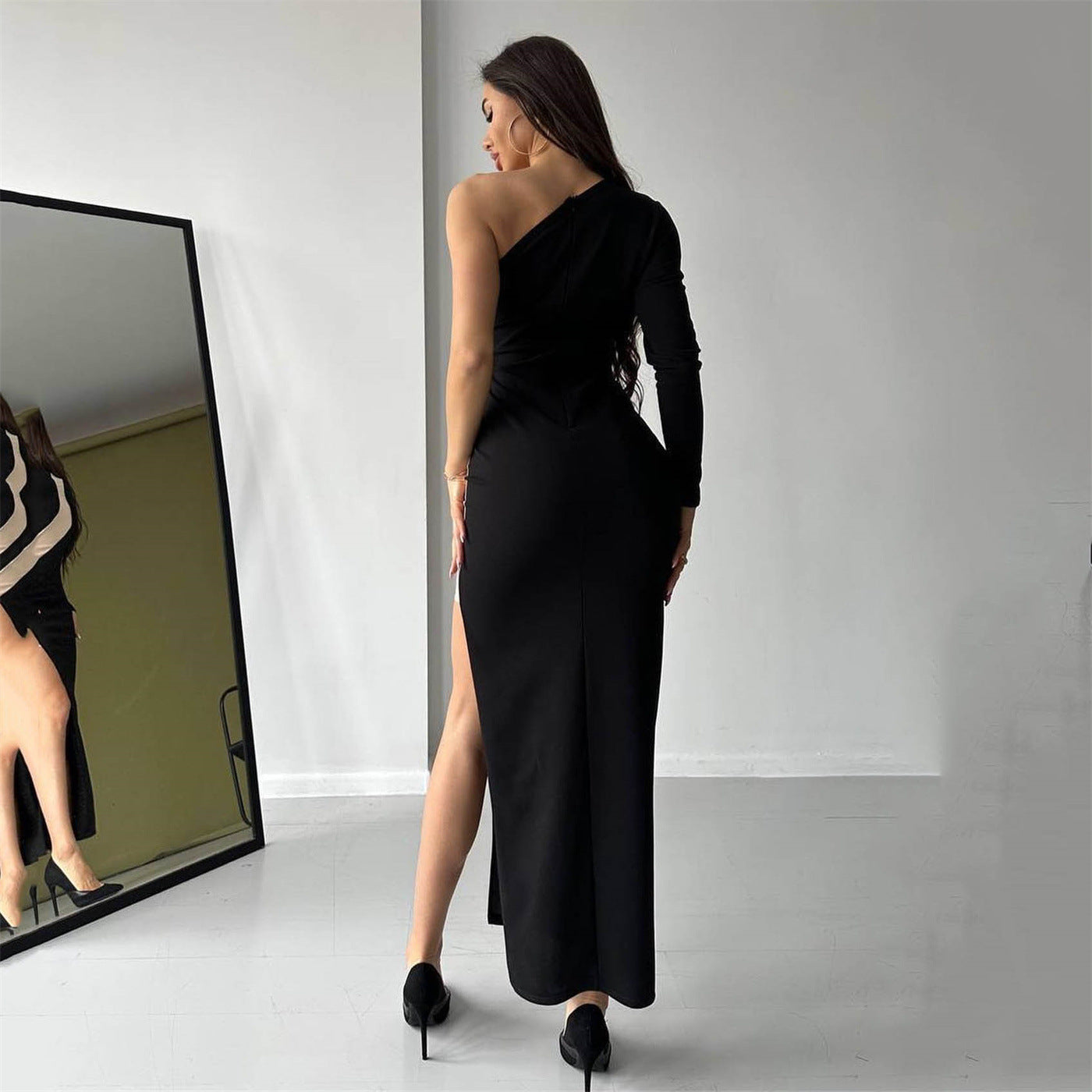 Women's One-Shoulder Mesh Split Midi Dress