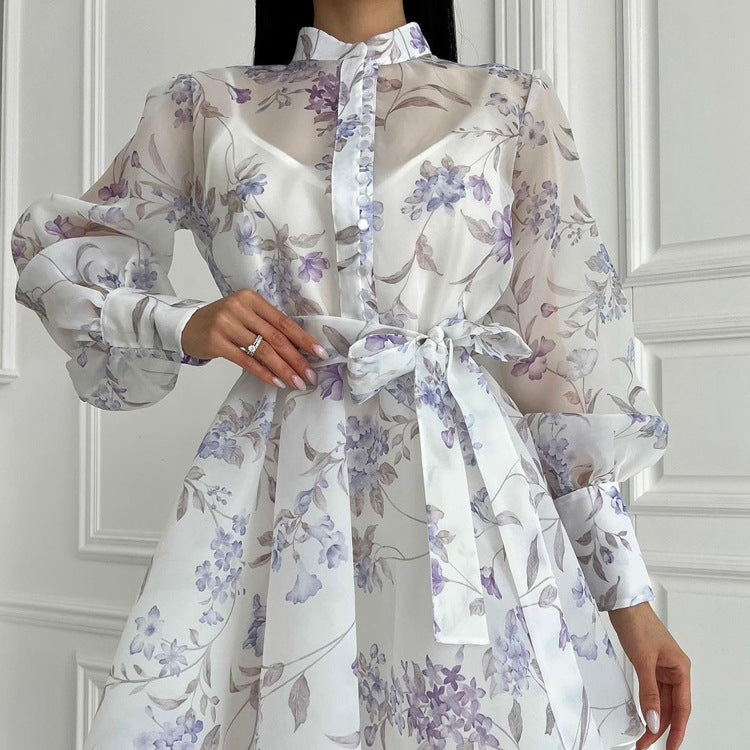 Elegant Stand Collar Long Sleeve Lace Printing A line Cami