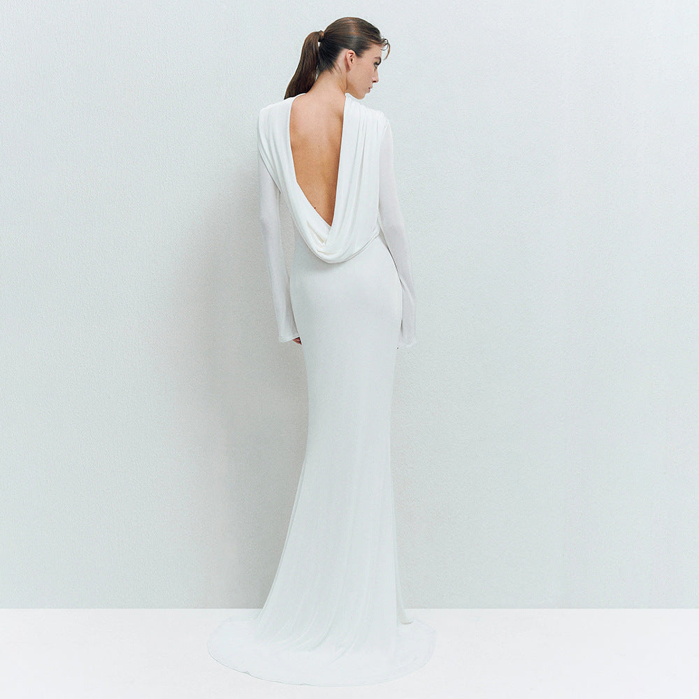Winter Simple Intellectual Solid Color Swing Collar Backless Design Pleated Tight