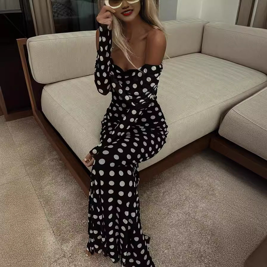 Gauze Polka Dot Stitching Off-Shoulder Slim Dress