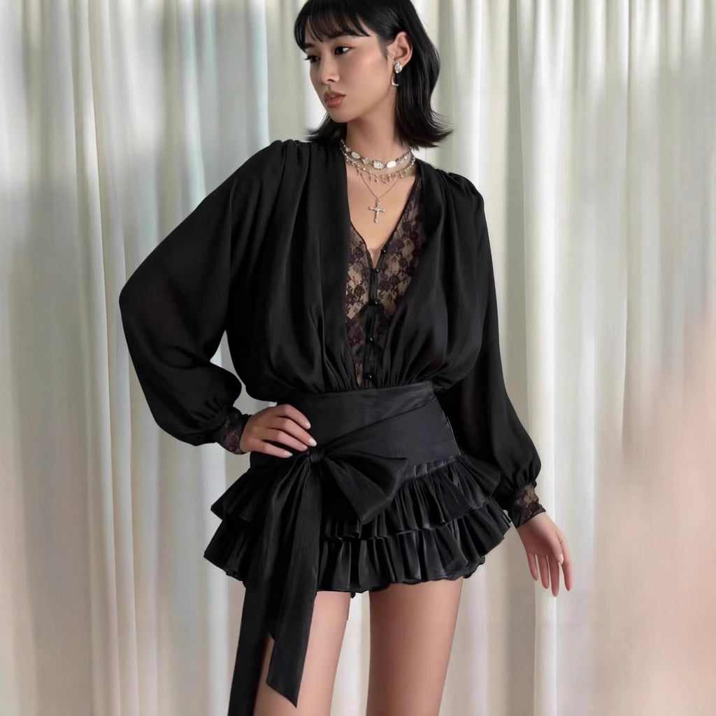 Autumn French Pure Lace Splicing V-Neck Long Sleeve Dress