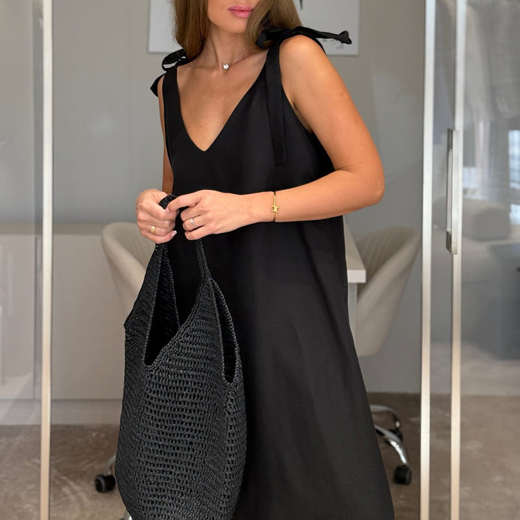 Women's V-Neck Faux-Linen Tie Sleeveless Maxi Dress