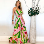 Spring Summer Deep V Plunge Neck Backless Dress Bohemian Floral