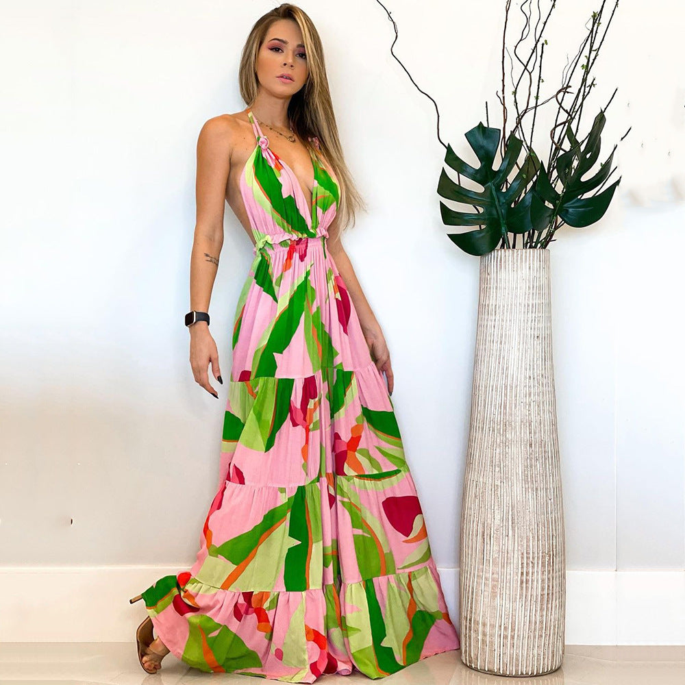 Spring Summer Deep V Plunge Neck Backless Dress Bohemian Floral
