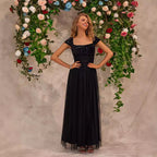 Women's Sequin Lace Square Neck Evening Maxi Dress