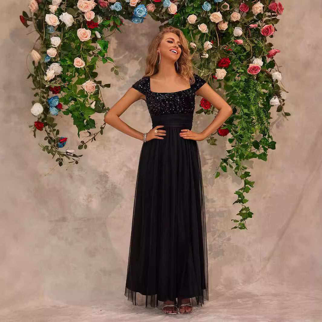 Women's Sequin Lace Square Neck Evening Maxi Dress