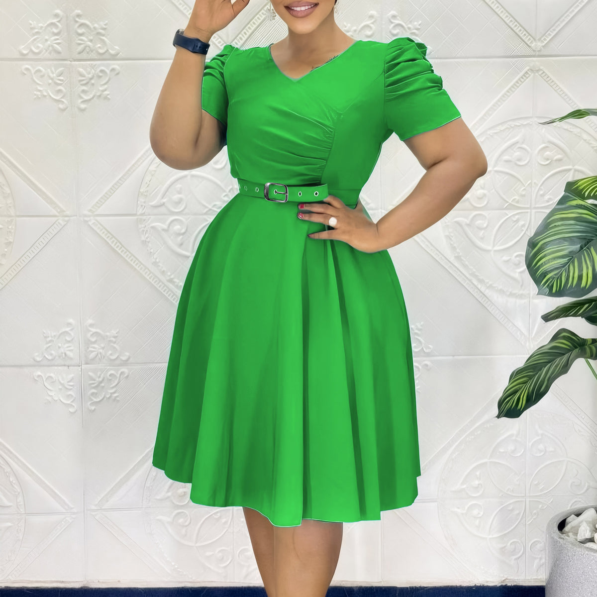 Women's Belted V-Neck Midi Dress
