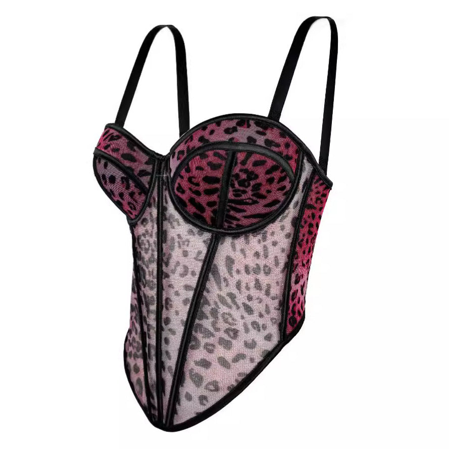 Women's Leopard-Print Mesh Lace Corset Bra