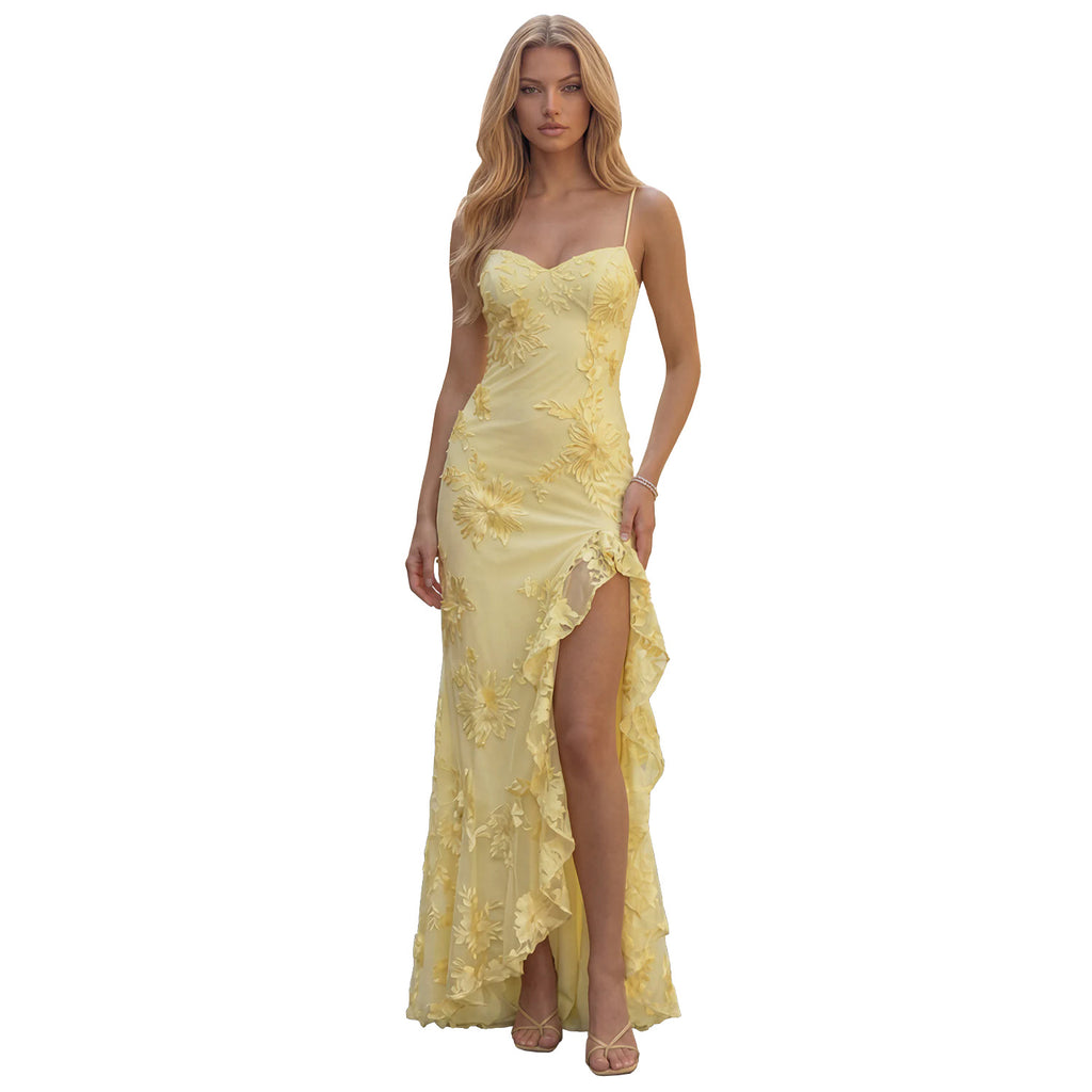 Light yellow floral sheath maxi dress with sweetheart neckline, spaghetti straps, and slit