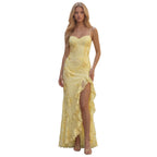 Light yellow floral sheath maxi dress with sweetheart neckline, spaghetti straps, and slit