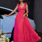 Women's V-Neck Lace-Up Ruffle Cutout Backless Bodycon Maxi Dress