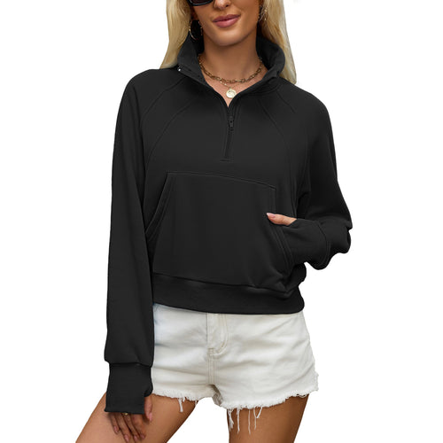 Black half-zip pullover sweatshirt with kangaroo pocket, long sleeves, loose fit