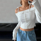 Women’s White Ruffle Tie Strap Cropped Camisole