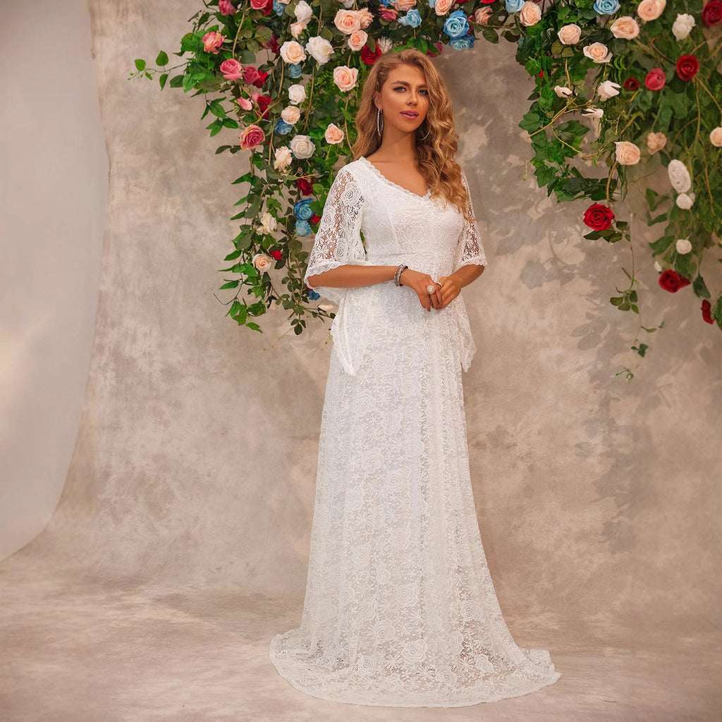 Women's V-Neck Lace Trumpet-Sleeve Maxi Dress