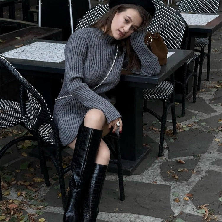 Ribbed Crew-Neck Long-Sleeve Knit Bodycon Mini Dress