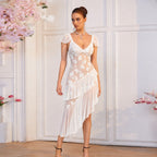 Women's Sexy Low Cut Ruffled Short Sleeve Mesh Dress Lace Pattern Irregular Asymmetric Diagonal Cut Tassel Dress
