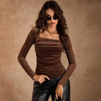 Women's Brown Square-Neck Long-Sleeve Top