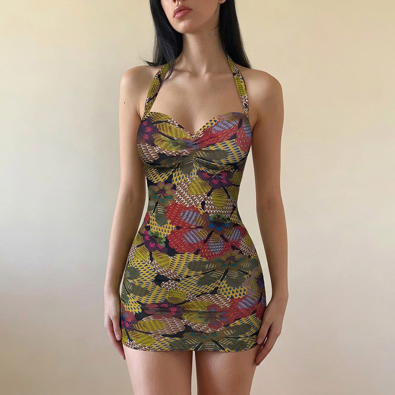 Autumn Slim Fit Low Cut Halterneck Printed Sheath Dress
