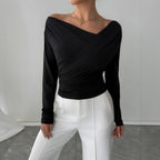Shoulder-Baring Fitted Long Sleeve Office Top