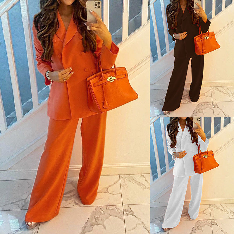 Women's Autumn Winter Solid Color Blazer Wide Leg Pants Set