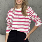 Women's Long Sleeved Striped T Shirt Spring Trendy Wild Casual Round Neck Cotton Striped T Shirt