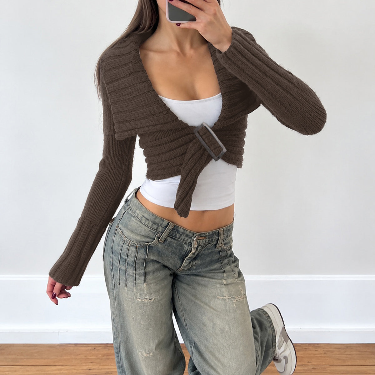 Cropped Cardigan with Metal Buckle