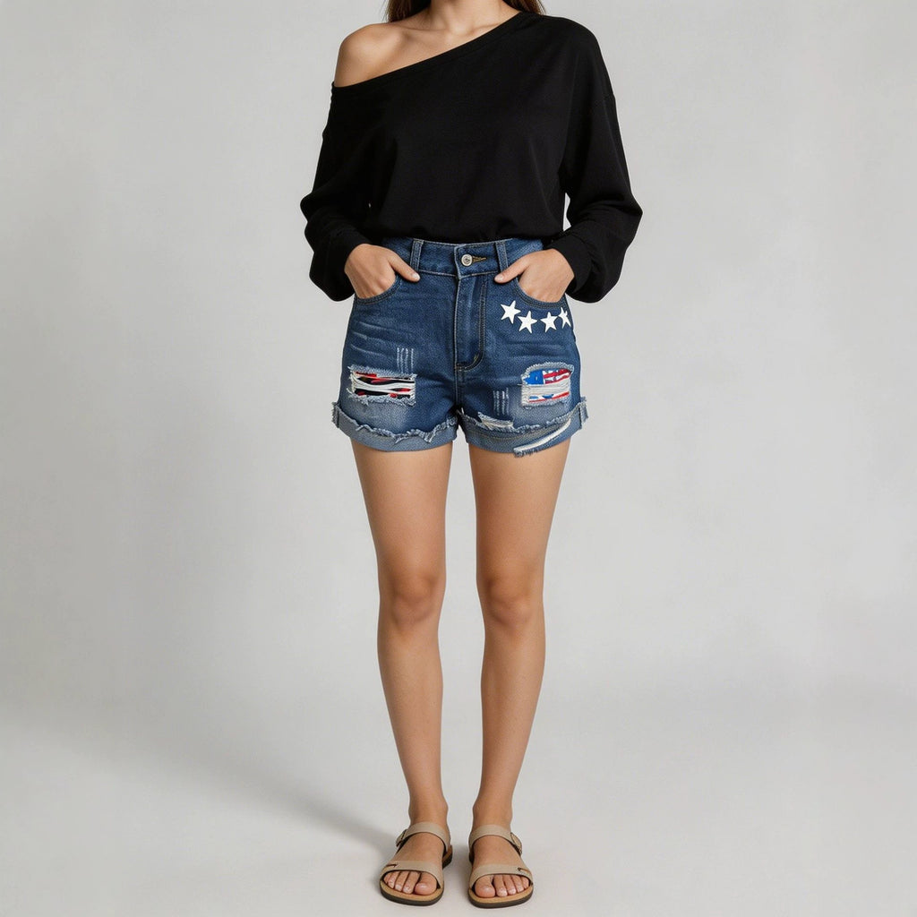 Summer Flanging Printed Pattern Design Women Denim Shorts
