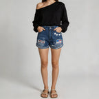 Summer Flanging Printed Pattern Design Women Denim Shorts