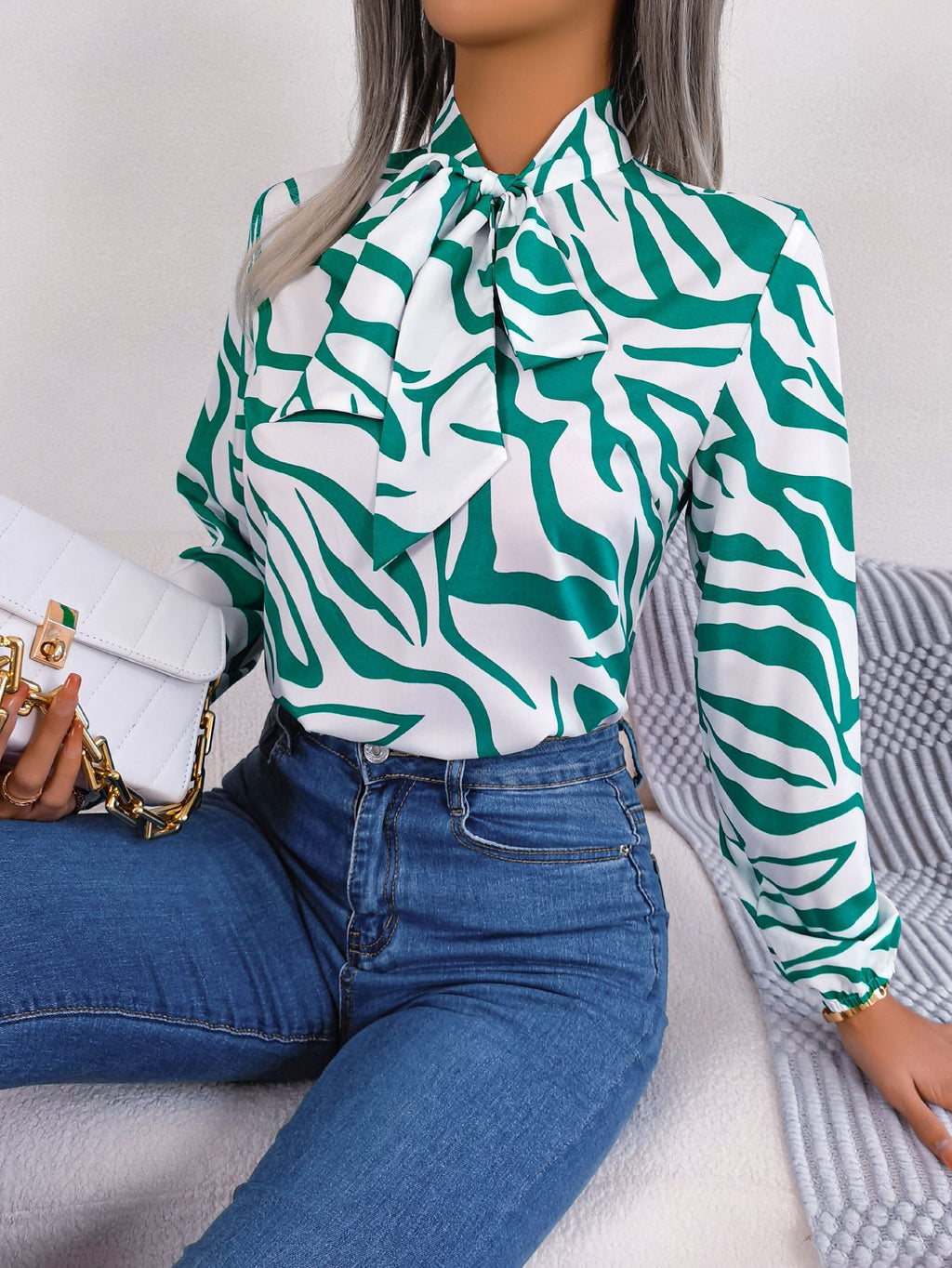 Women's Autumn Winter Contrast Color Striped Lace Up Lantern Sleeve Chiffon Shirt Top Women Clothing
