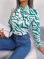 Women's Autumn Winter Contrast Color Striped Lace Up Lantern Sleeve Chiffon Shirt Top Women Clothing