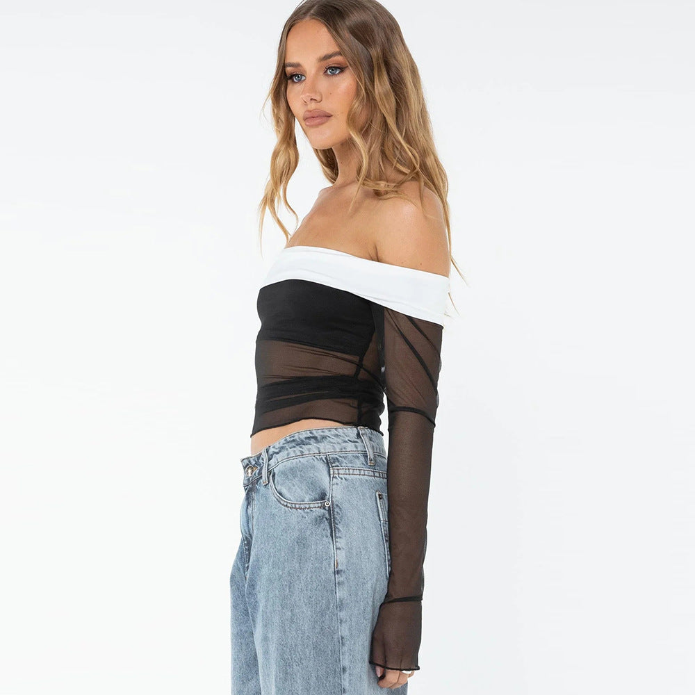 Women’s Zebra Print Sheer Mesh Off Shoulder Crop Top