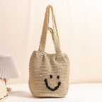 Women's Smiley Face Straw Shoulder Bag