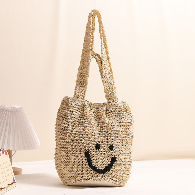 Women's Smiley Face Straw Shoulder Bag