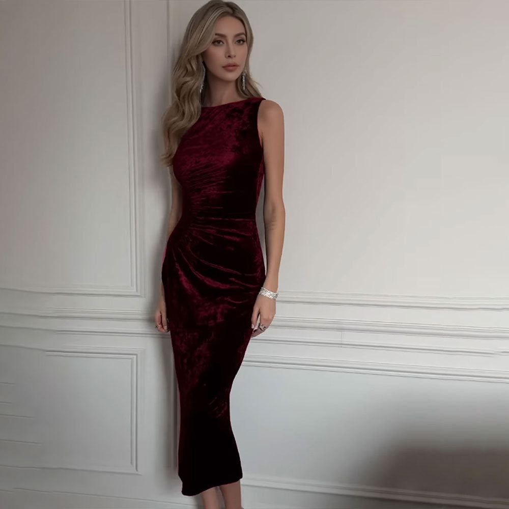 Women Clothing French Socialite Dress Summer High Grade Velvet Midi Dress