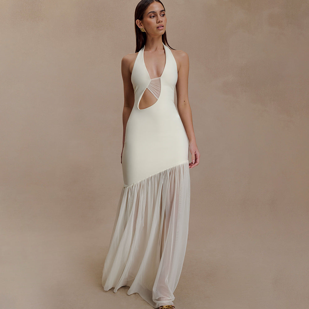 Halter Cutout Asymmetric Bodycon Maxi Dress