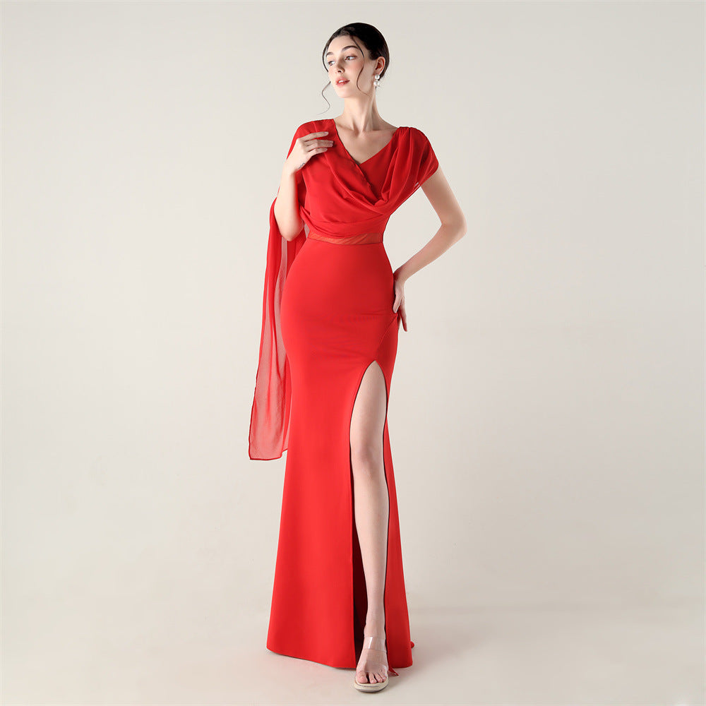 Women's One-Shoulder Beaded Tulle Slit Evening Maxi Dress
