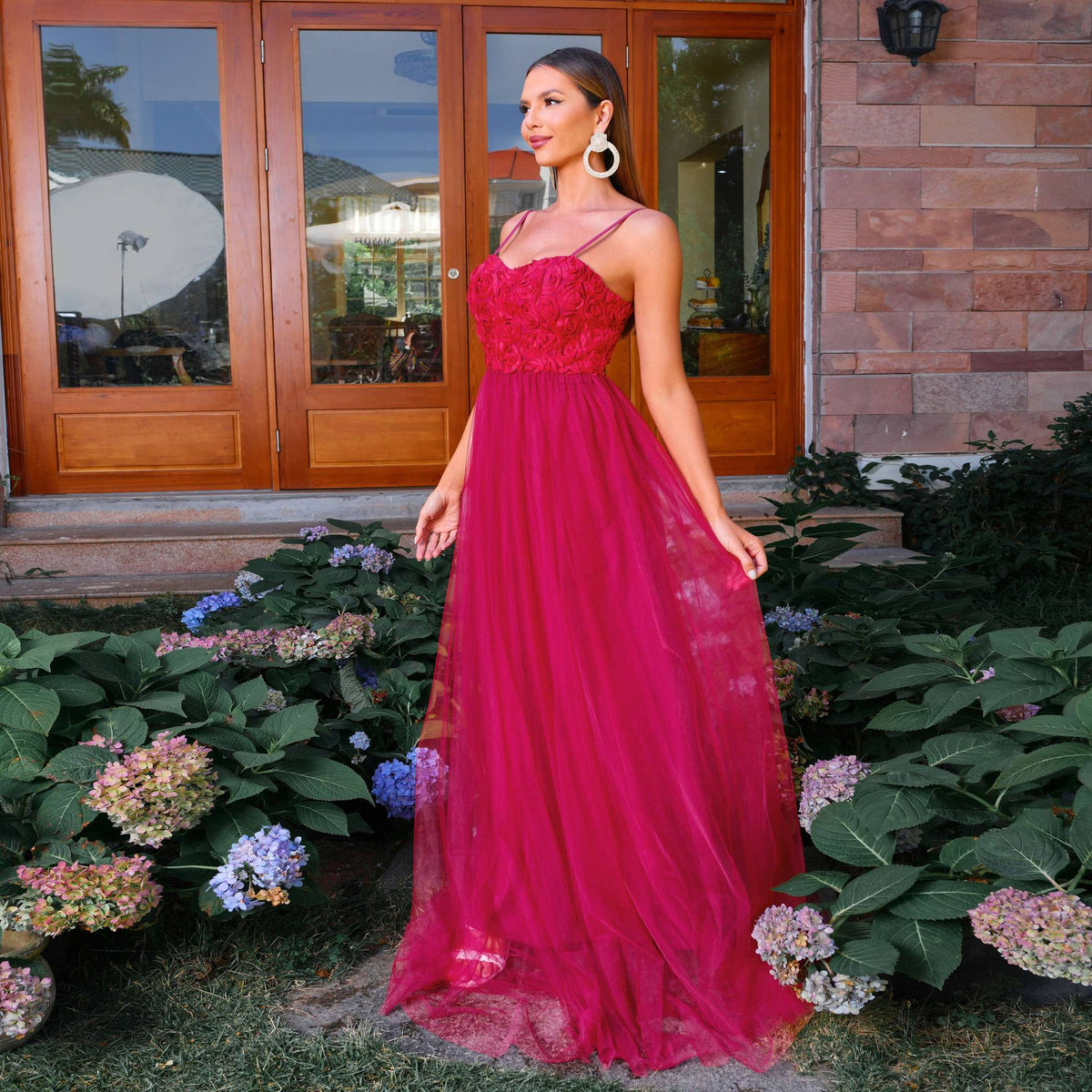 Women's Burgundy Mesh Spaghetti Strap Evening Dress