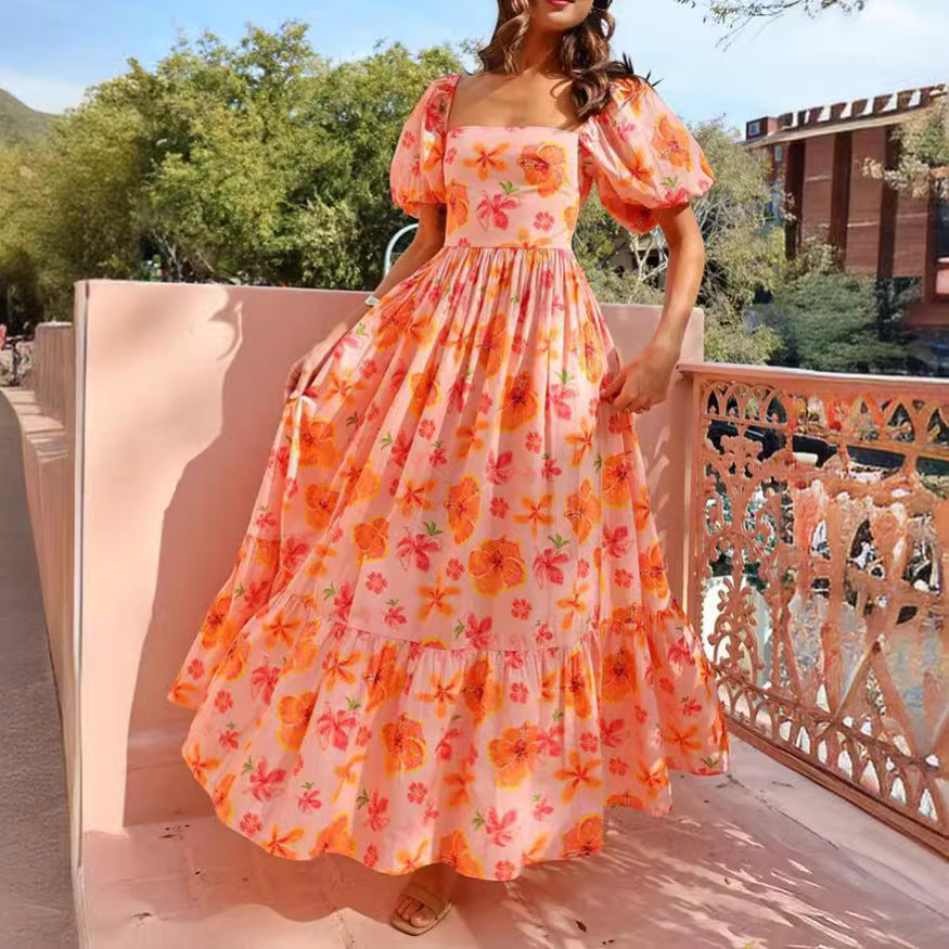 Women's Floral Square-Neck Puff-Sleeve A-Line Maxi Dress